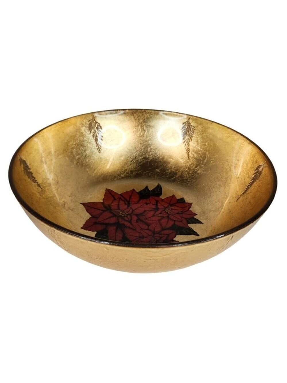 Christmas Holiday Glass Gold Bowl With Poinsettia Design - 10 Inch Diameter x 3